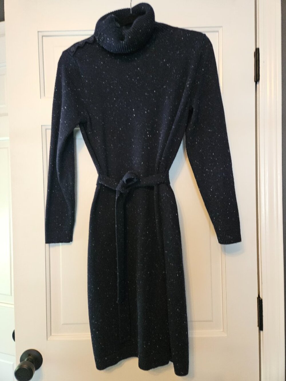 Talbots Petite MP Navy Speckled Sweater Dress Belted Mock Neck Midi Donegal